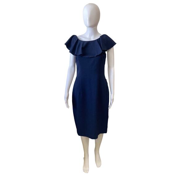 Eliza J Dark Navy Blue Ruffled Cocktail Dress Knee Length Lace Size 8 - Picture 2 of 8